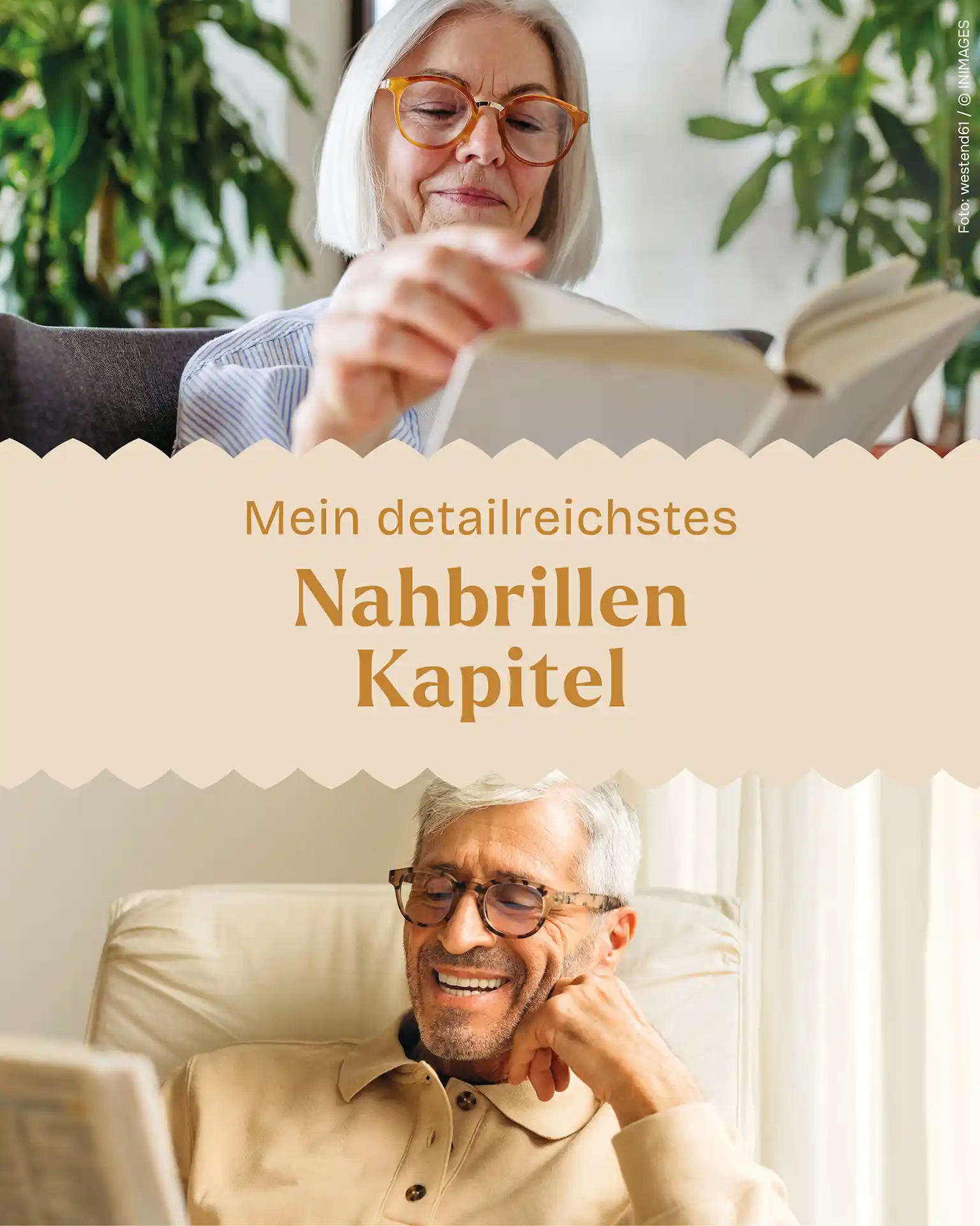 2 geteilte Collage: Im oberen Bereich Frau älteren Alters mit Brille, die ein Buch liest. Unterer Bereich, Mann älteren Alters mit Brille, der in seinem Sessel lächelnd ein Buch liest.